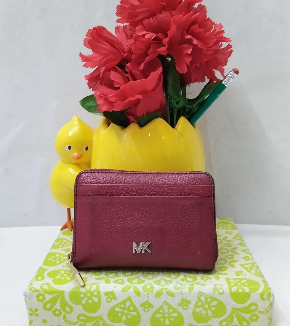 Michael Kors Red Pebbled Leather Zip Around Credit Card Small Wallet